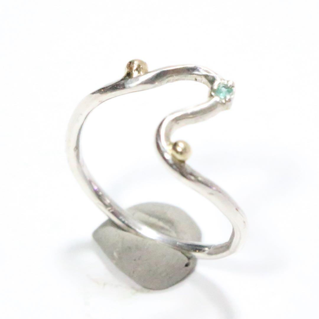 ブラジル産パライバトルマリンとK10粒々無造作曲線デザインシルバーリング10.5