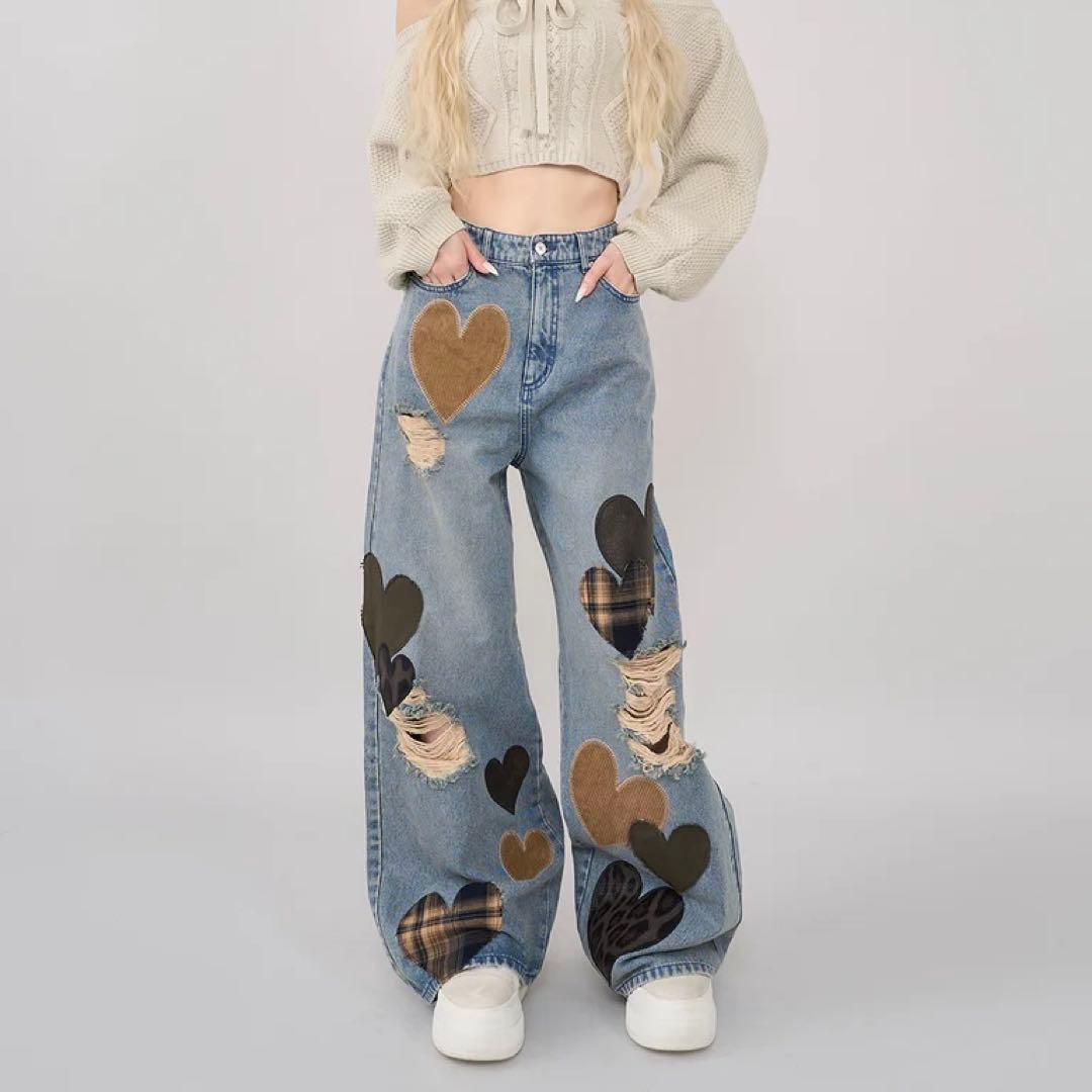 ♡ ダーリッチ Darich ♡ ランダムハートパッチワークデニムパンツ