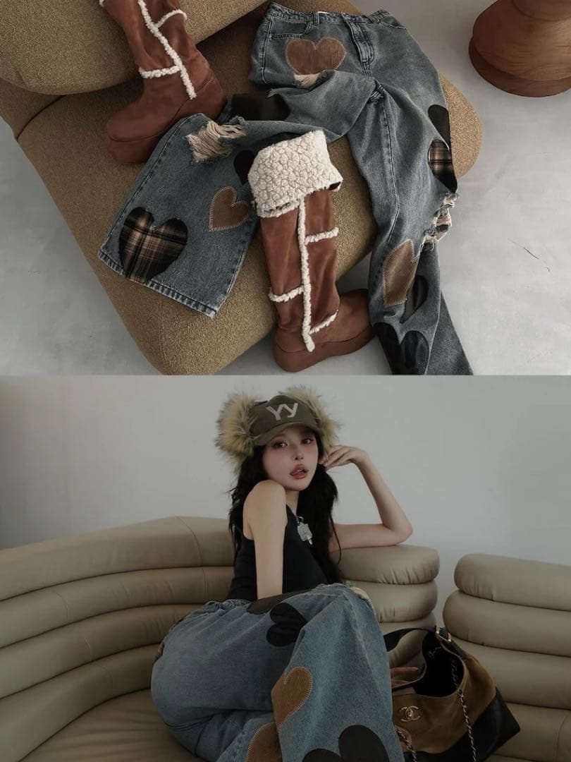 ♡ ダーリッチ Darich ♡ ランダムハートパッチワークデニムパンツ