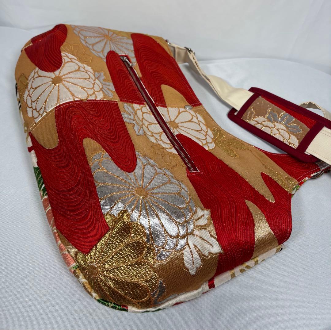 帯バッグリメイク　771番アシンメトリーBIGリバーシブル(肩あて飾り付き)