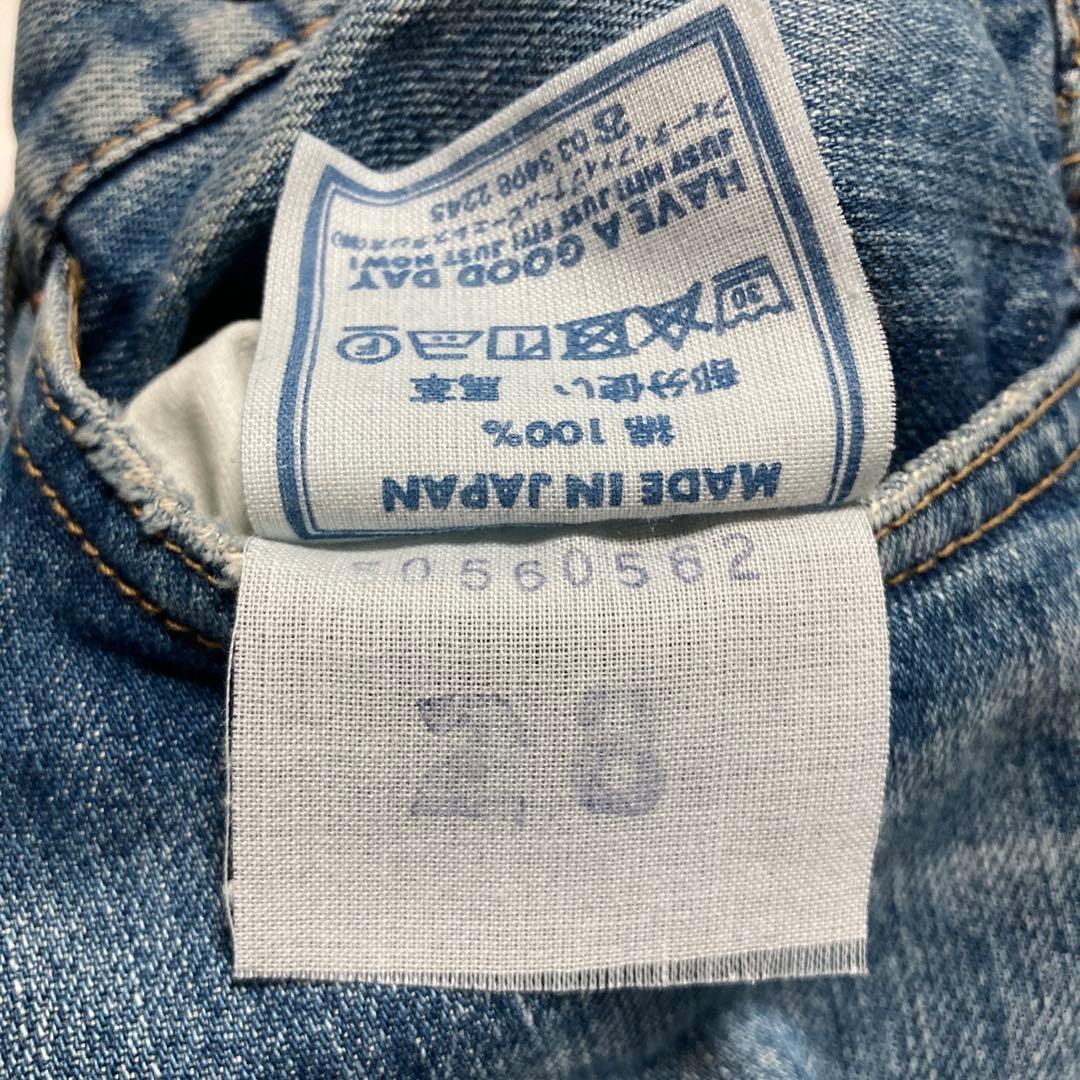 現行★45R ライ麦デニムのクロスオーバーパンツ 淡 革パッチ カットオフ 28