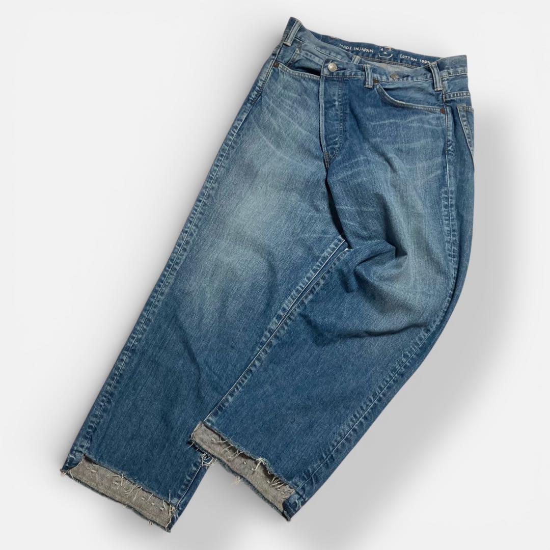 現行★45R ライ麦デニムのクロスオーバーパンツ 淡 革パッチ カットオフ 28