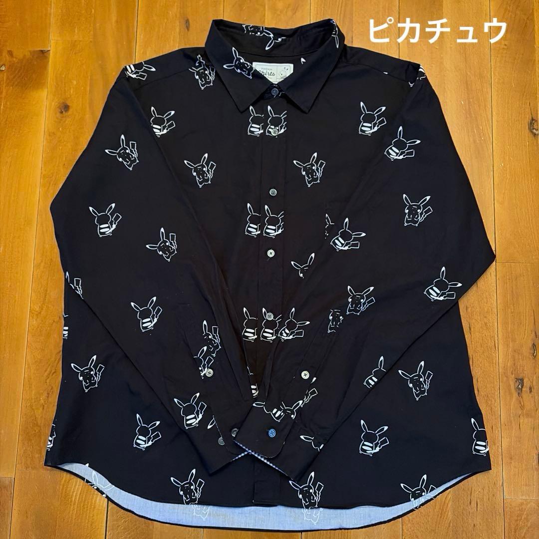 【希少】ポケモンシャツ ピカチュウ 総柄 長袖シャツ ワイド　ブラック　M