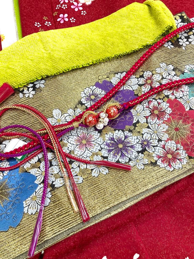 振袖フルセット 7点セット 赤色 振袖袋帯長襦袢重ね衿刺繍半衿帯締帯揚