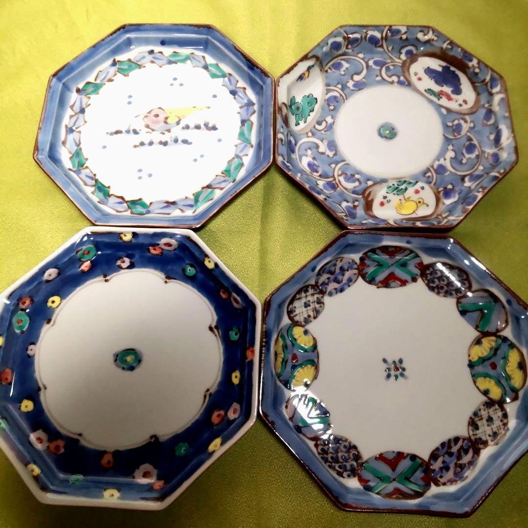 九谷焼 レア 絵変わり 4枚 皿 大皿 八角皿 染付 手描き 花鳥 唐草 色絵