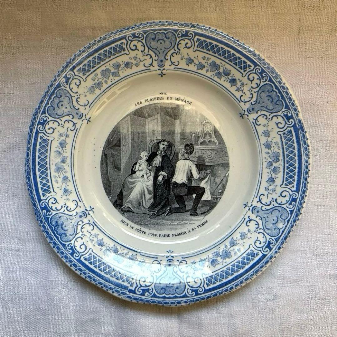 【美品】フランスアンティーク　クレイユエモントロー　グリザイユプレート　平皿