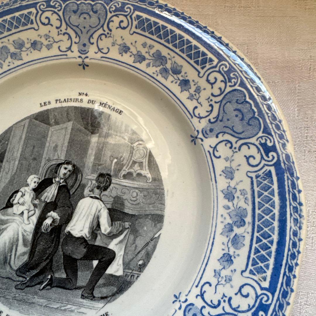 【美品】フランスアンティーク　クレイユエモントロー　グリザイユプレート　平皿