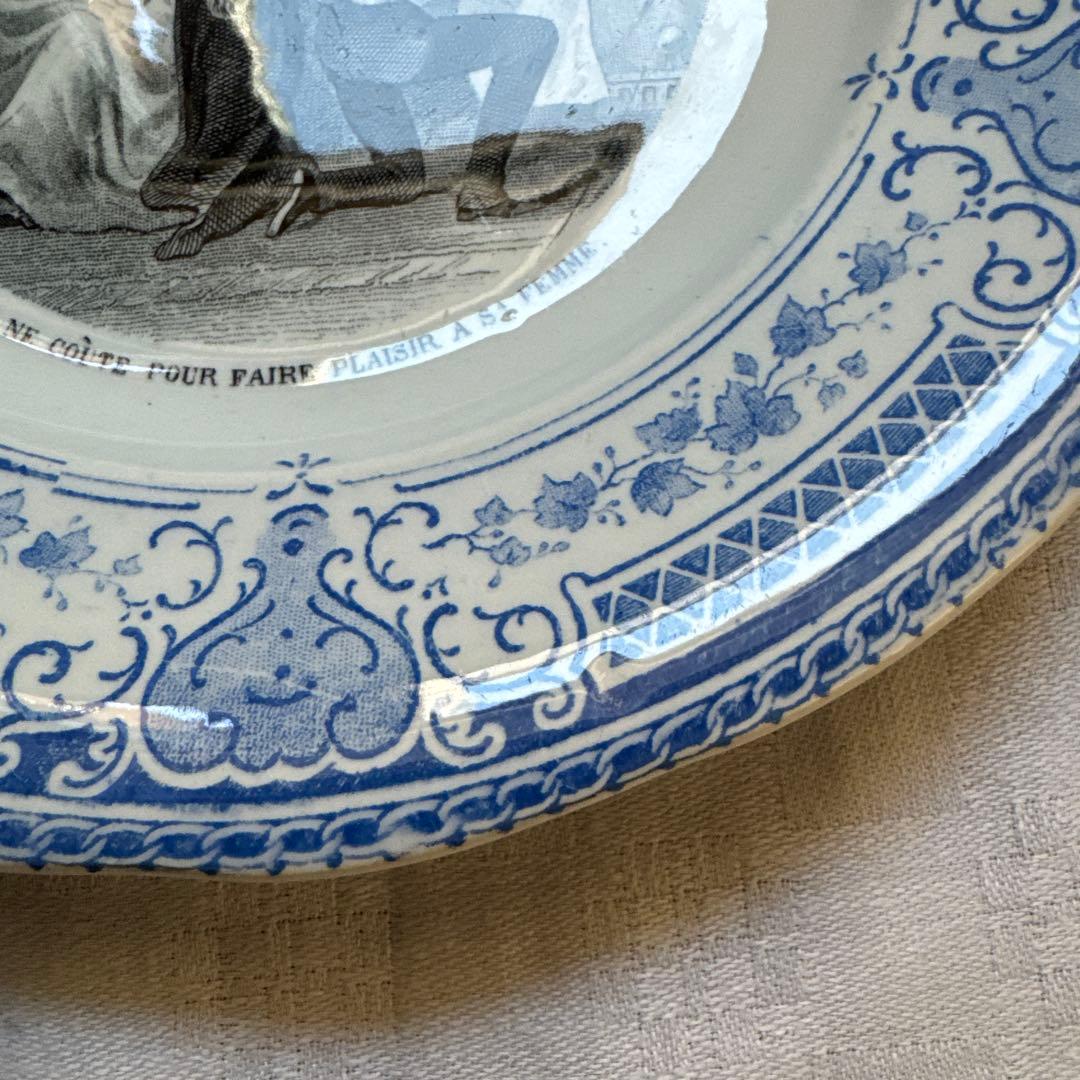 【美品】フランスアンティーク　クレイユエモントロー　グリザイユプレート　平皿