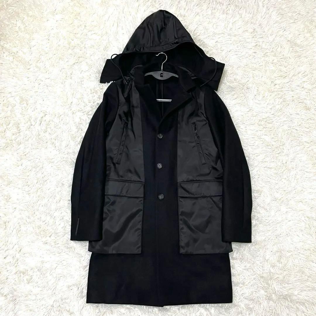 PRADA フーデッドハイブリッドコート 48 ブラックラベル ウール ナイロン