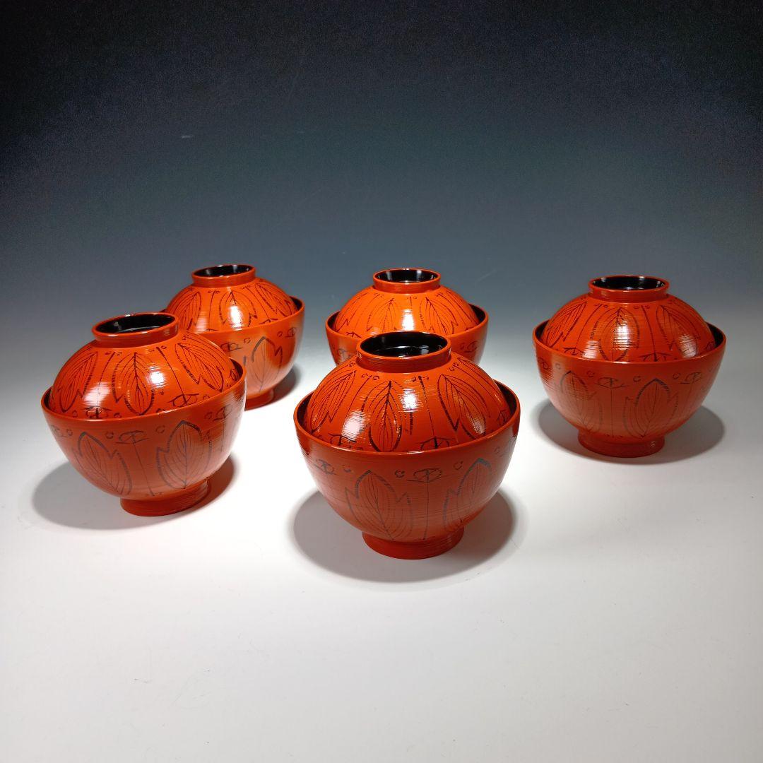 最終値下げ輪島塗　剣牡丹模様付　吸物碗5客　　 共箱　美品