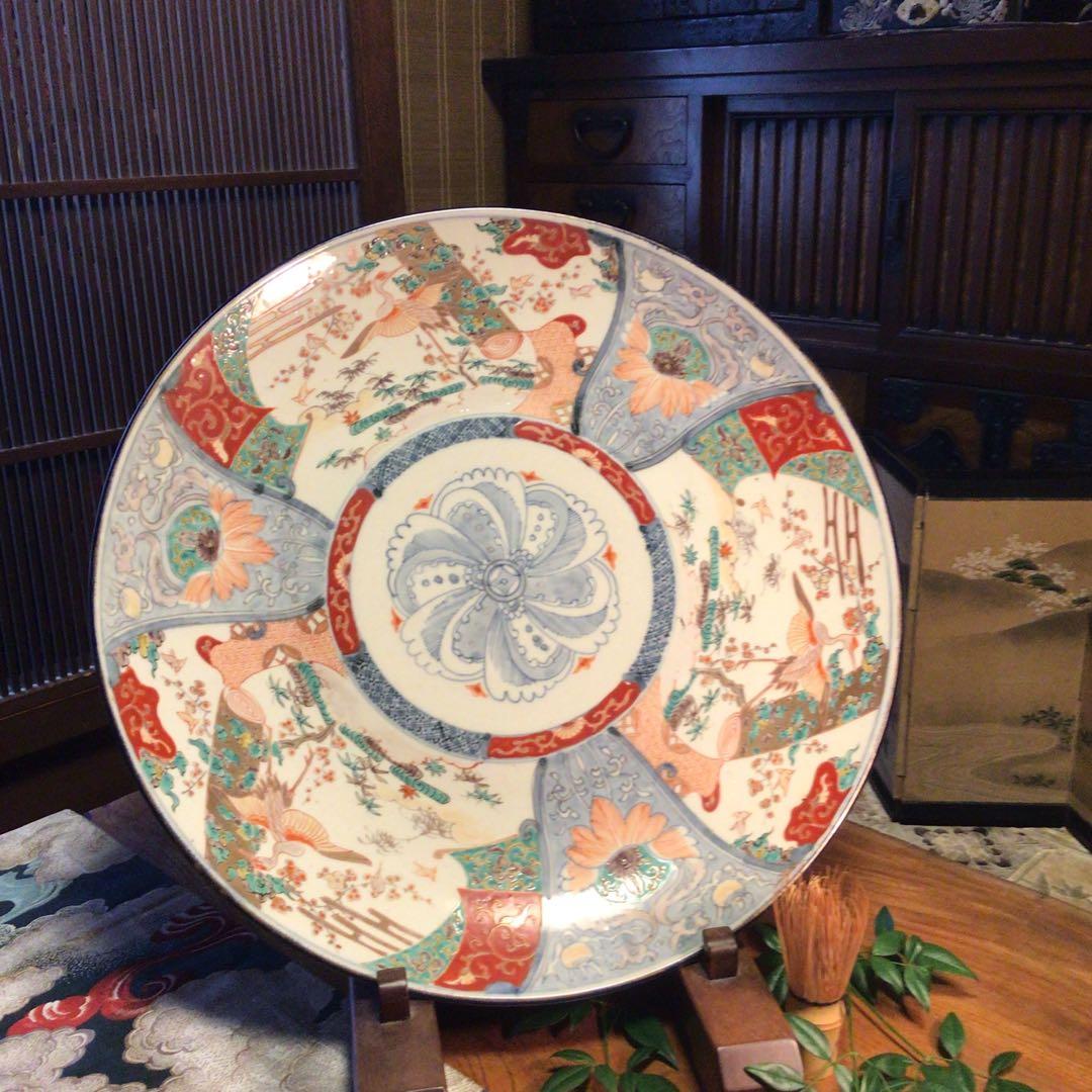 A866 古伊万里　染錦手　見込花　雲鶴紋様　（1尺5寸）大皿