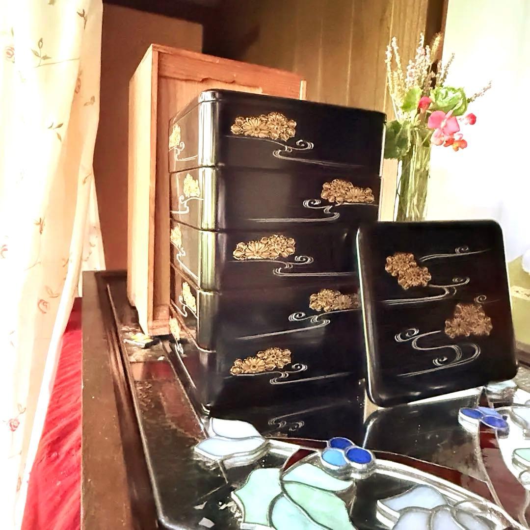 2208様感謝‼JAPAN輪島工房特製沈金『曲水菊づくし』輪島 五段重箱2枚蓋