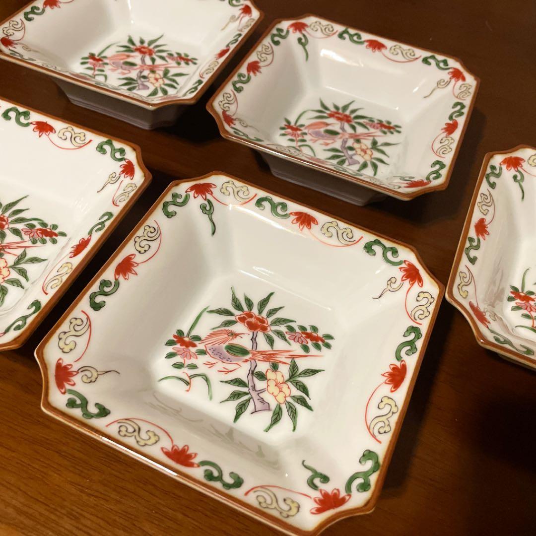 源右衛門窯　赤絵花鳥　角小鉢　5客　セット　縁起物