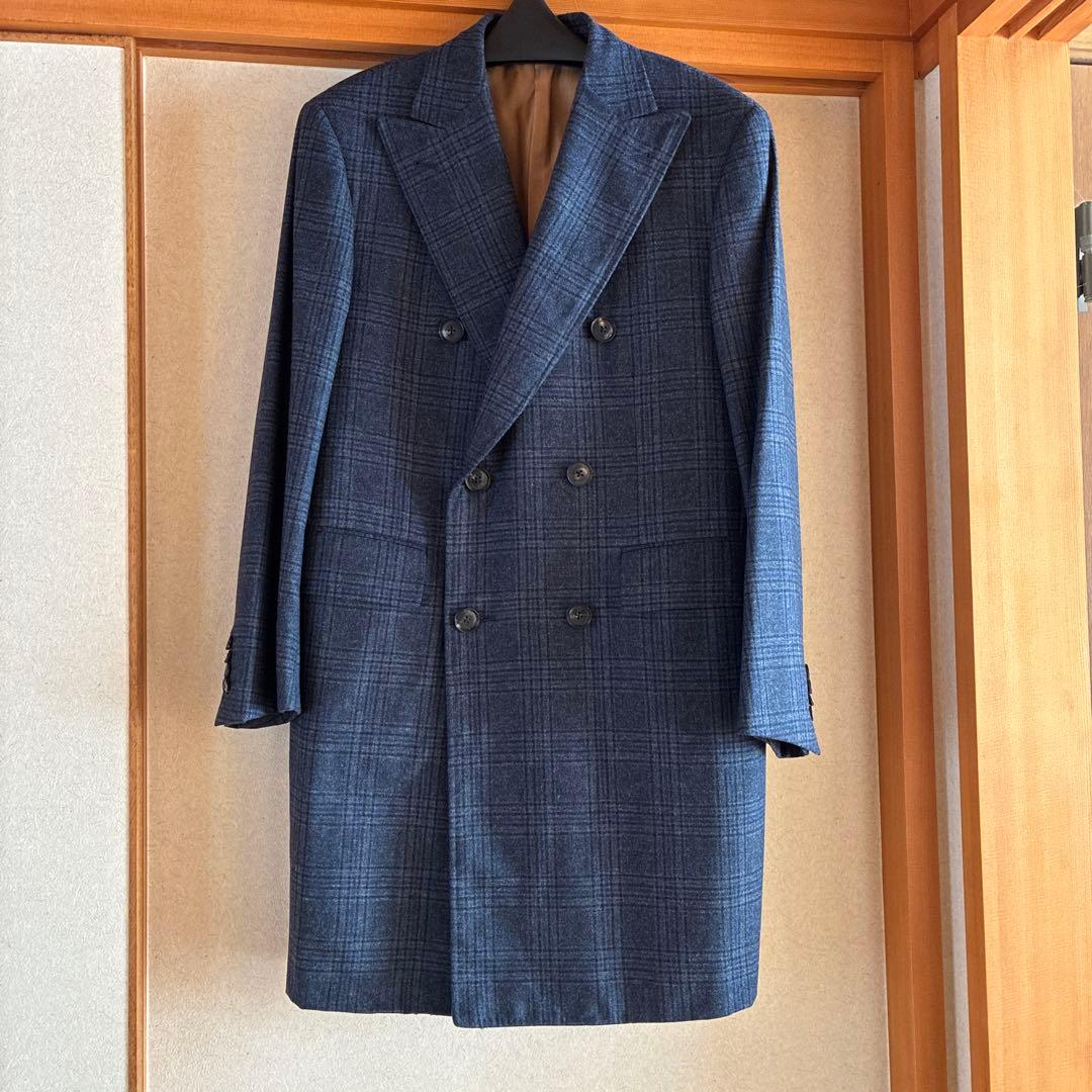 ネイビー チェック柄 ダブルブレストコート