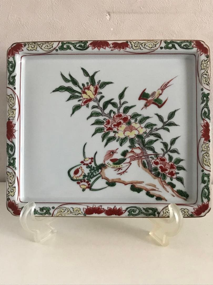 希少品【源右衛門窯・古伊万里】赤絵花鳥文角皿　（1枚）