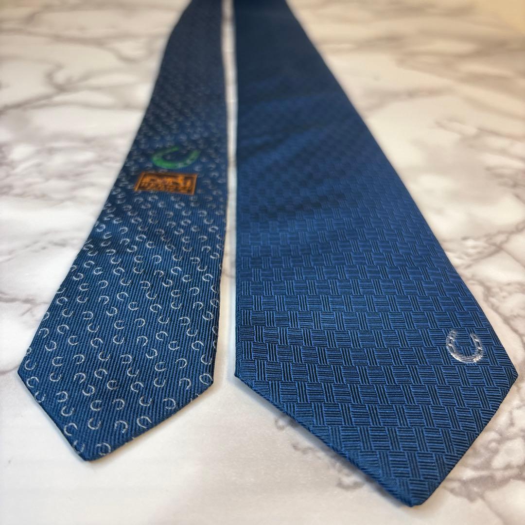 【極美品✨】HERMES ネクタイ　ファソネ　馬蹄　H柄　ネイビー　紺色　刺繍