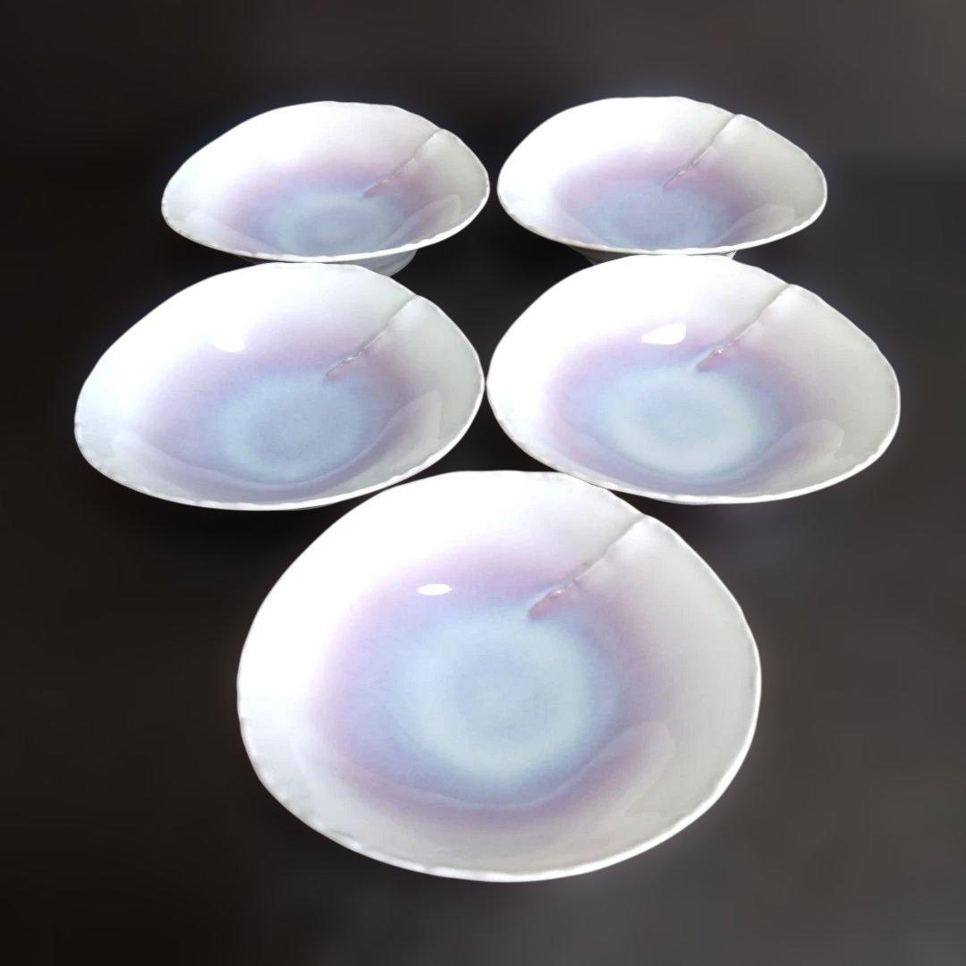 新品 有田焼 藤巻製陶 紫 小鉢５個 継ぎ合わせ 楕円形 取皿