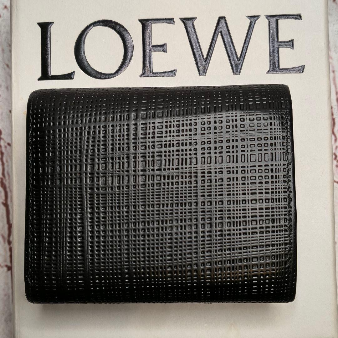 【美品】ロエベ 三つ折り財布 トライフォールド リネン アナグラム 本革／黒A