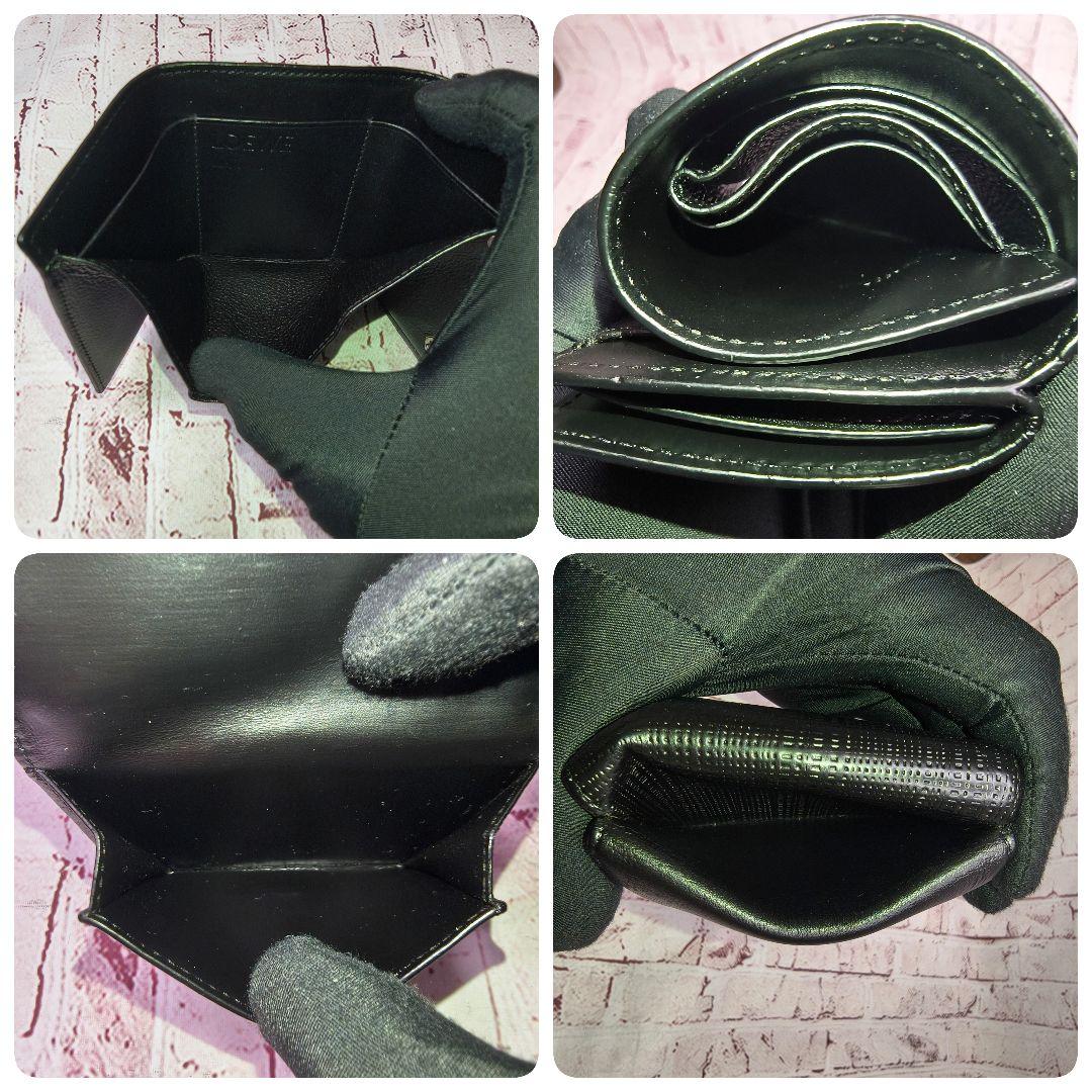 【美品】ロエベ 三つ折り財布 トライフォールド リネン アナグラム 本革／黒A