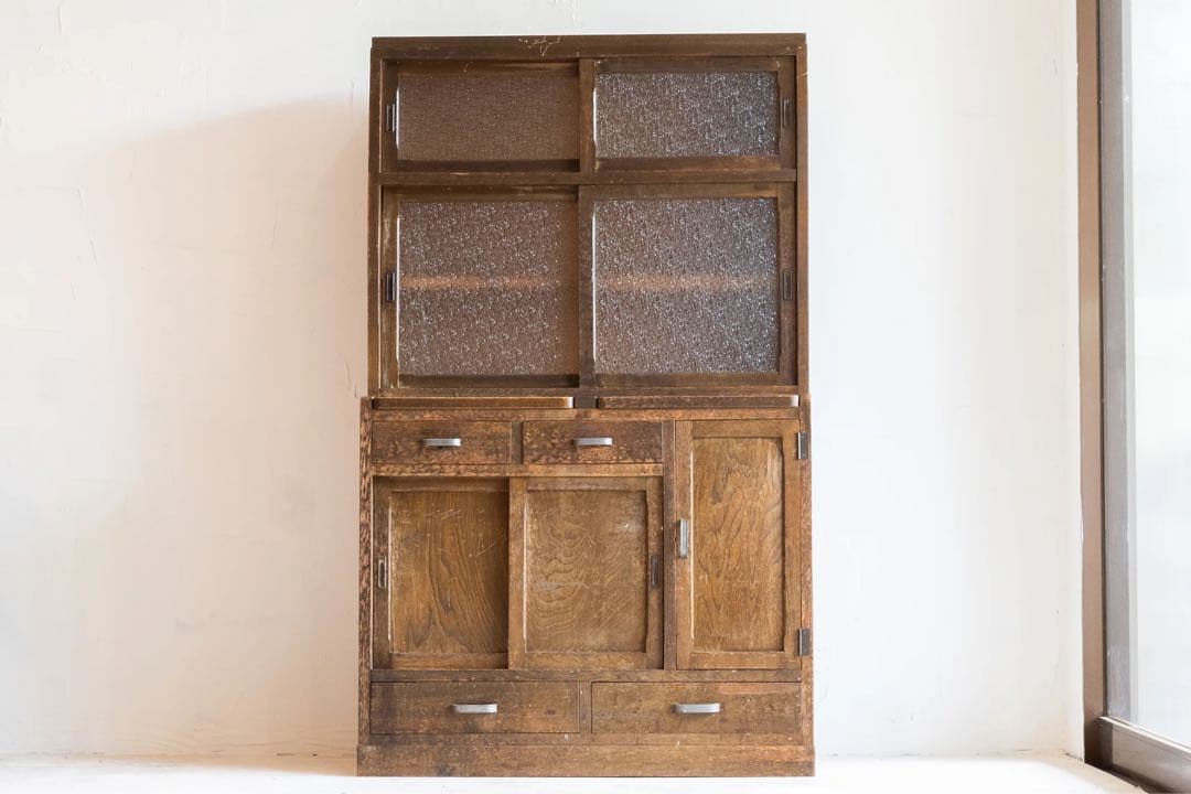 昭和レトロ 食器棚 水屋箪笥 ガラス引き戸 折り畳み天板付