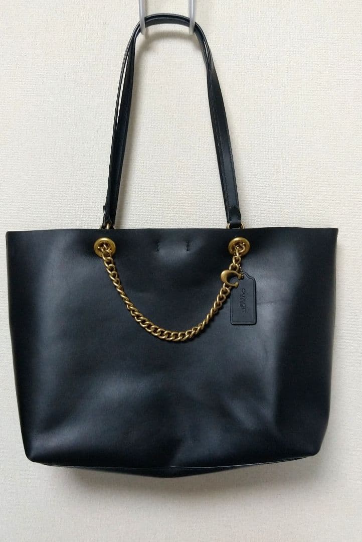 か*り様 COACH ブラックレザートートバッグ ゴールドチェーン付 2way