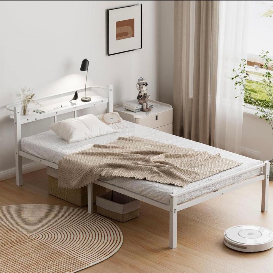 ベッドフレーム シングル ベッド 宮棚 パイプベッド 耐荷重300kg ホワイト