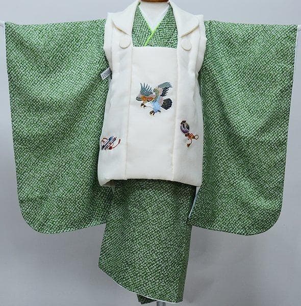 七五三 三歳 男児 被布着物セット 疋田鹿の子柄 被布に刺繍入り 緑×アイボリー