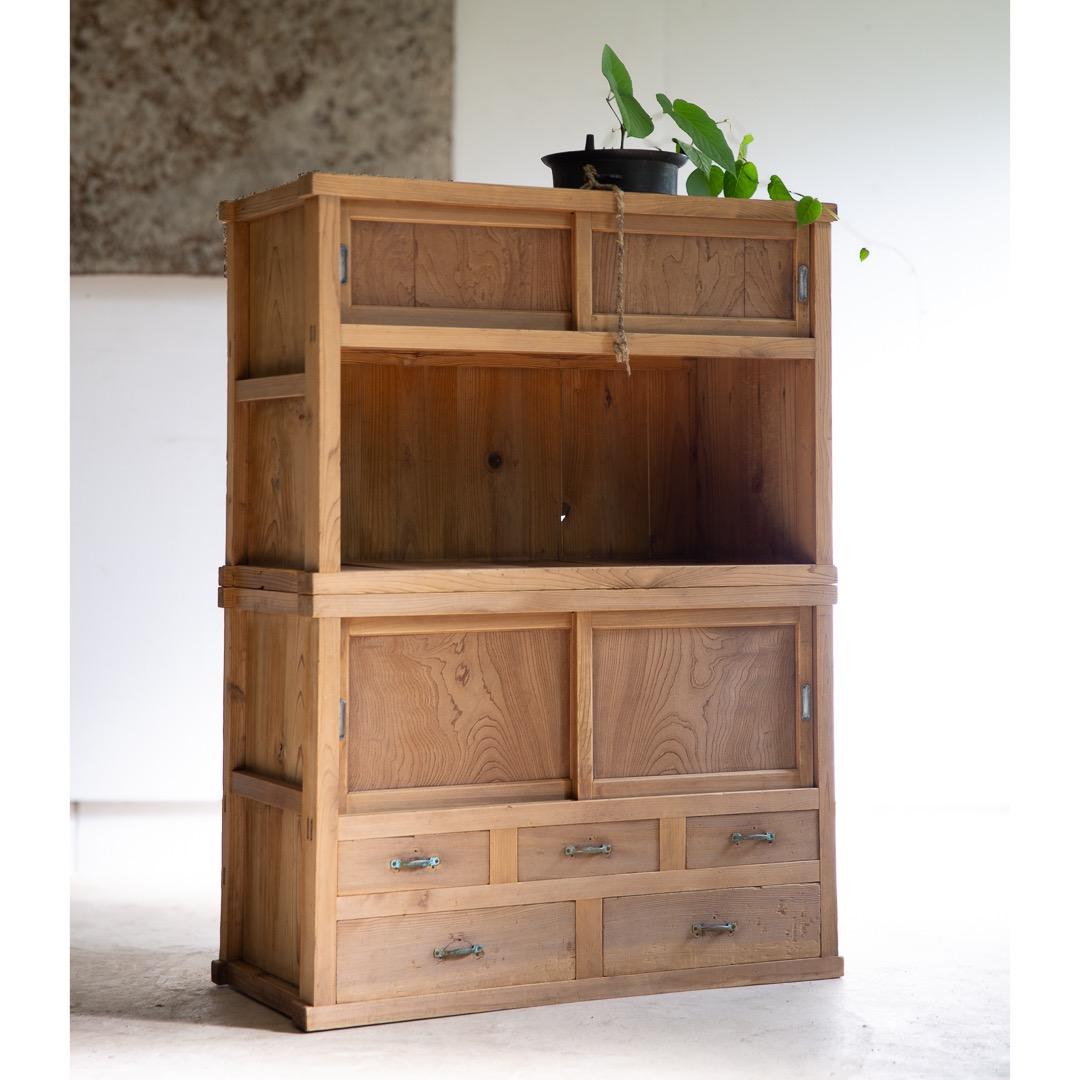 木製戸棚 古家具 2段重ね 収納棚 食器棚 幅890奥410高1210 送料込