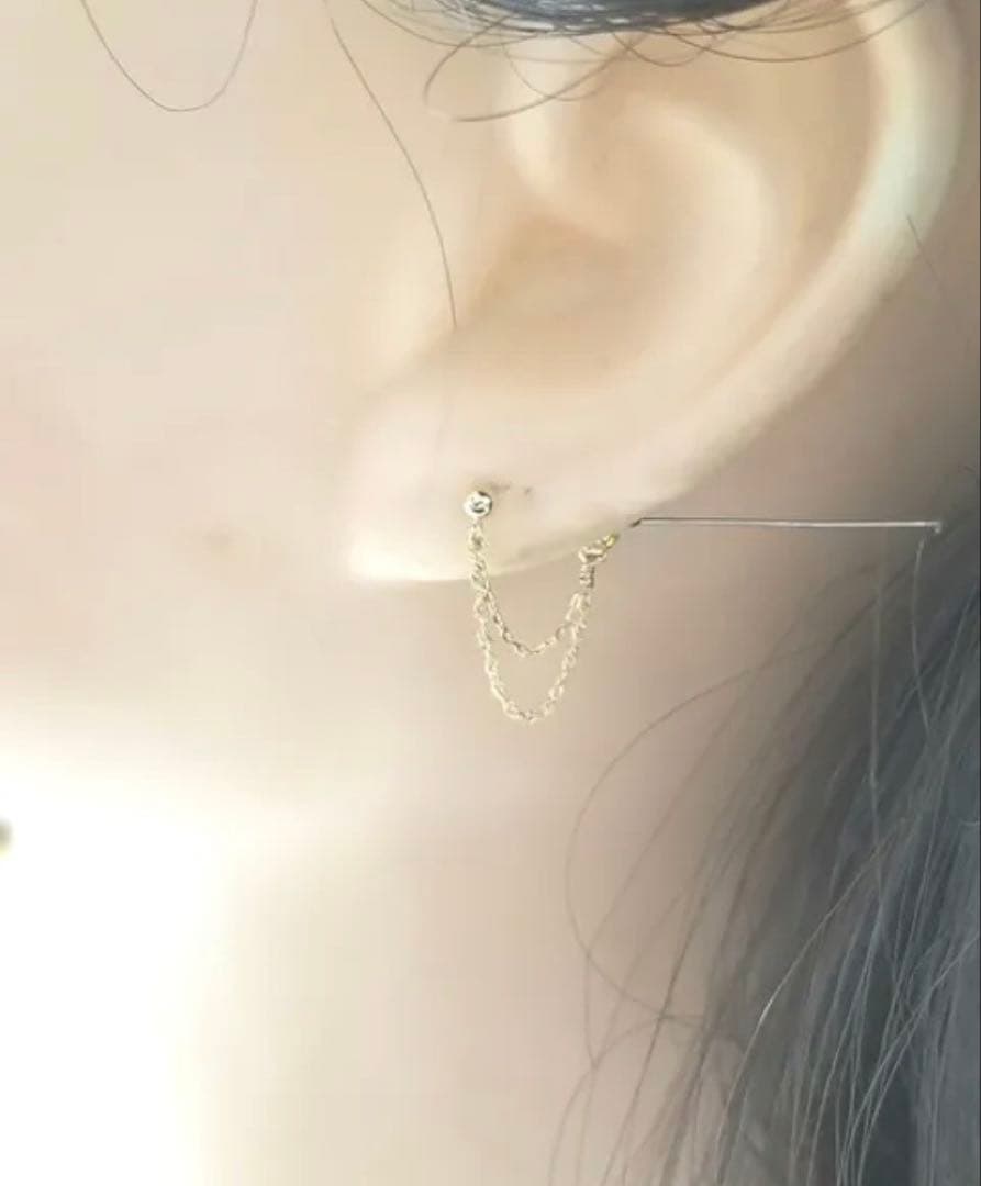 k18 18金 ２連　フープピアス　チェーンピアス