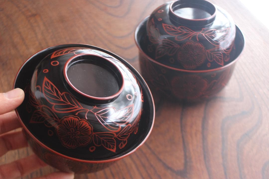 時代逸品！端正な爪朱黒漆に風情ある木芙蓉文の美しい吉野塗の四つ椀（検懐石道具京塗