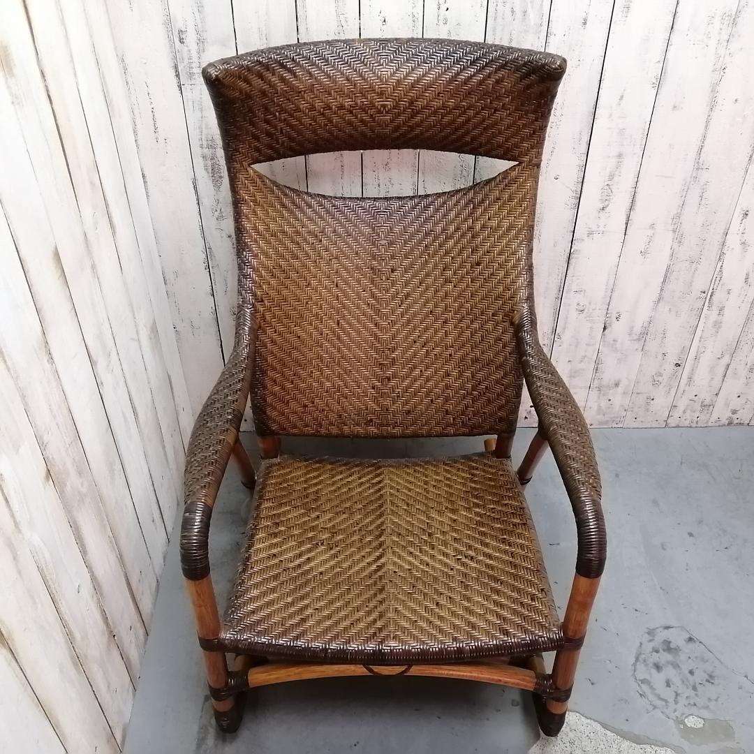 カザマ　ラタン　ロッキングチェア　籐家具　ハイバック　クッション付き　網代編み