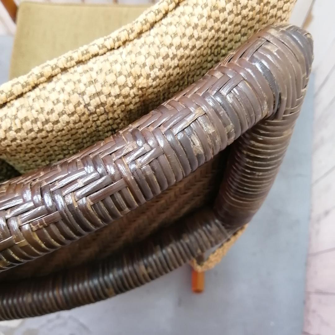 カザマ　ラタン　ロッキングチェア　籐家具　ハイバック　クッション付き　網代編み