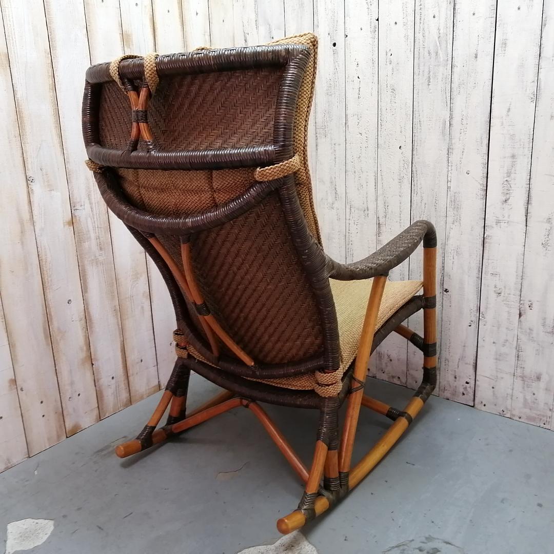 カザマ　ラタン　ロッキングチェア　籐家具　ハイバック　クッション付き　網代編み