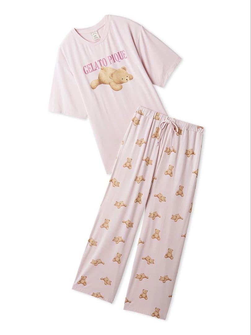ジェラートピケ【接触冷感】ベアワンポイントTシャツ&ロングパンツセット