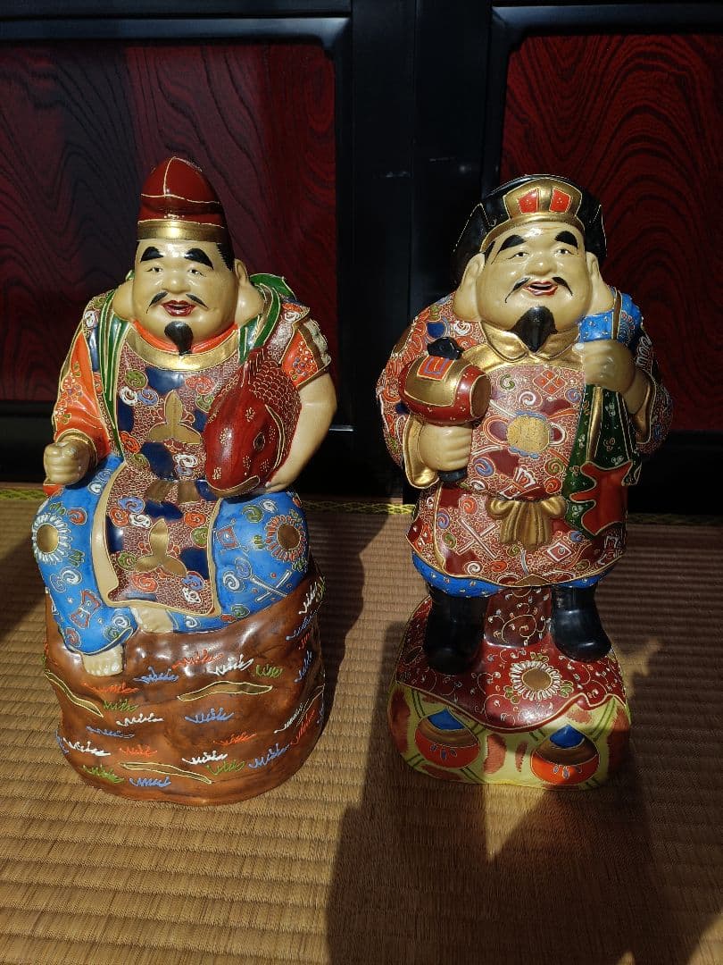 最高級九谷焼七福神（大黒天、恵比寿）置物2体セット　九谷岡山作