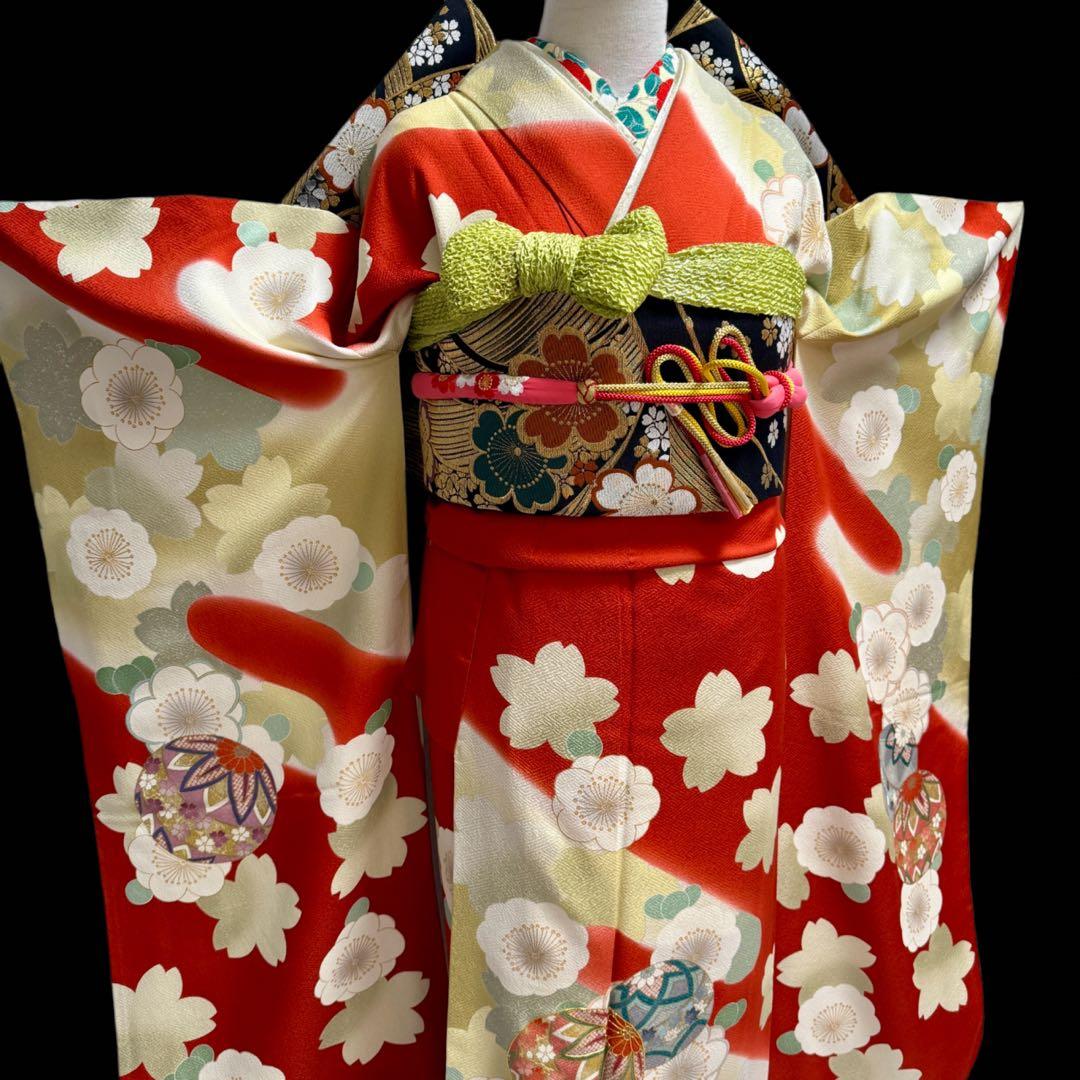 美品　振袖フルセット　トールサイズ　160〜170cm　梅・桜・毱・古典柄　裄長