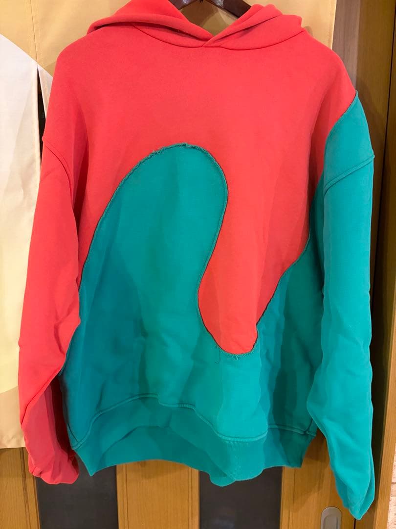 #美品ERLカラーブロックデザイン パーカービッグシルエット裏フリース#Lサイズ