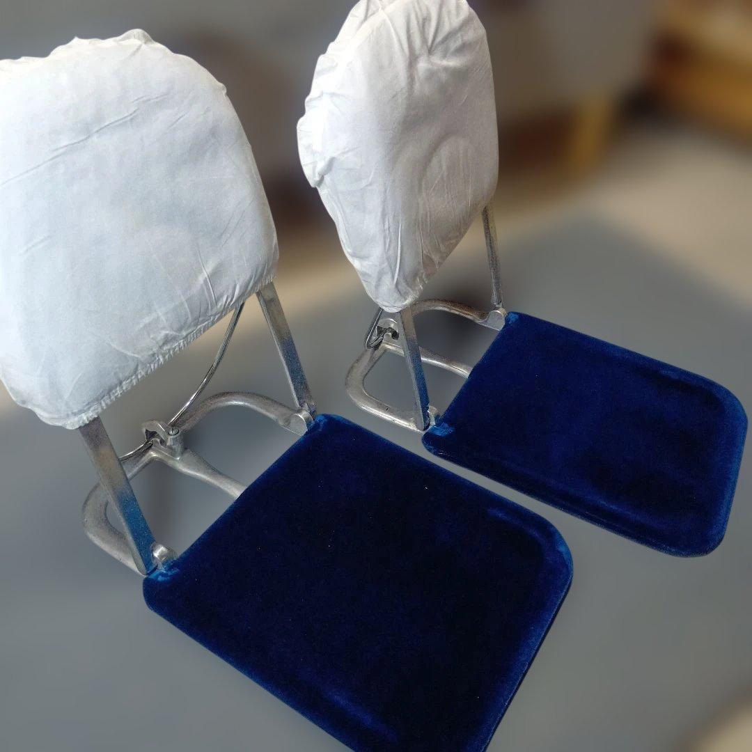 昭和レトロな 青のベルメット調 別珍X金属折畳み 不二座椅子2個セット