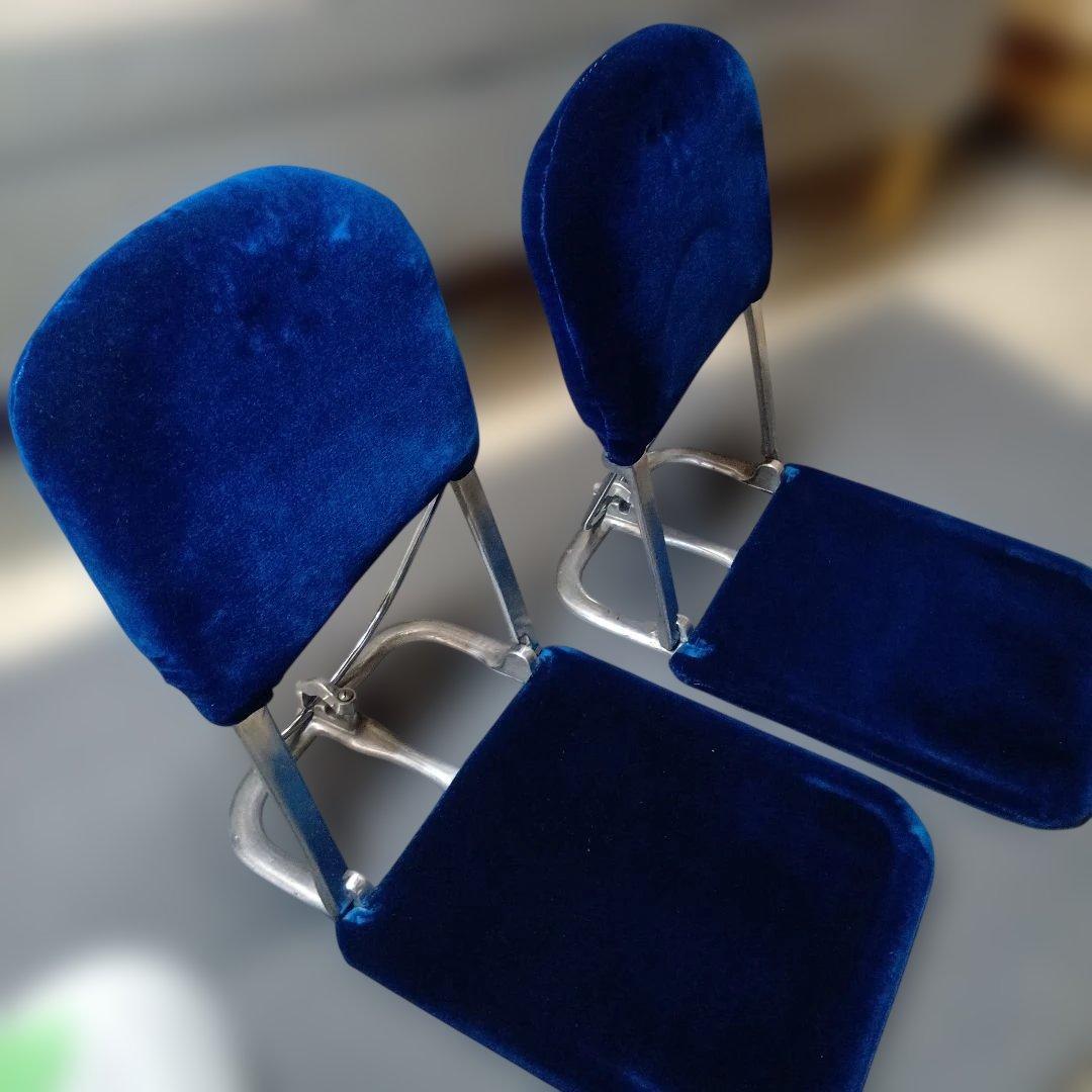 昭和レトロな 青のベルメット調 別珍X金属折畳み 不二座椅子2個セット