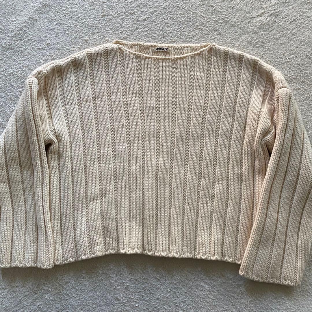 【希少】オーラリー ボートネック ウールワイドリブニット 肉厚 オフホワイト