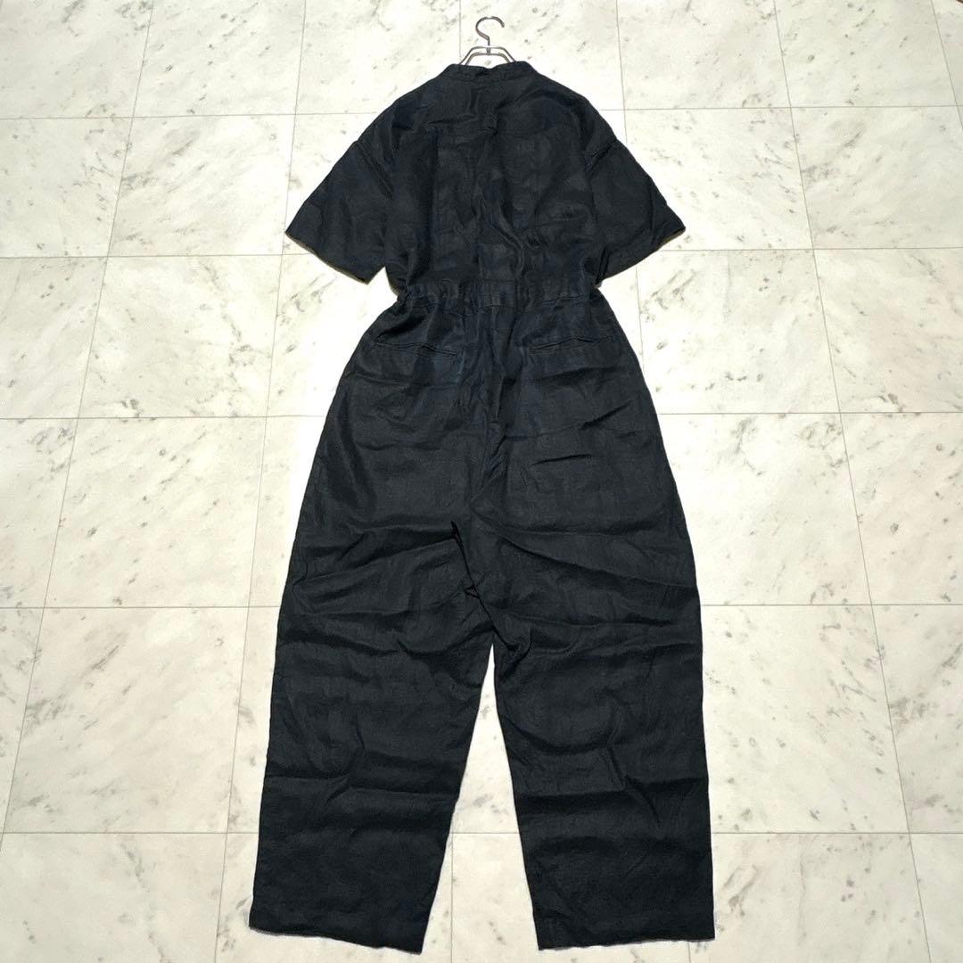 kagure リネンハーフスリーブオールインワン 比翼 ブラック 麻100%