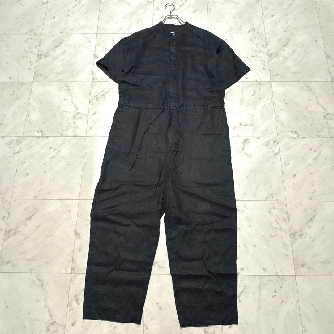 kagure リネンハーフスリーブオールインワン 比翼 ブラック 麻100%