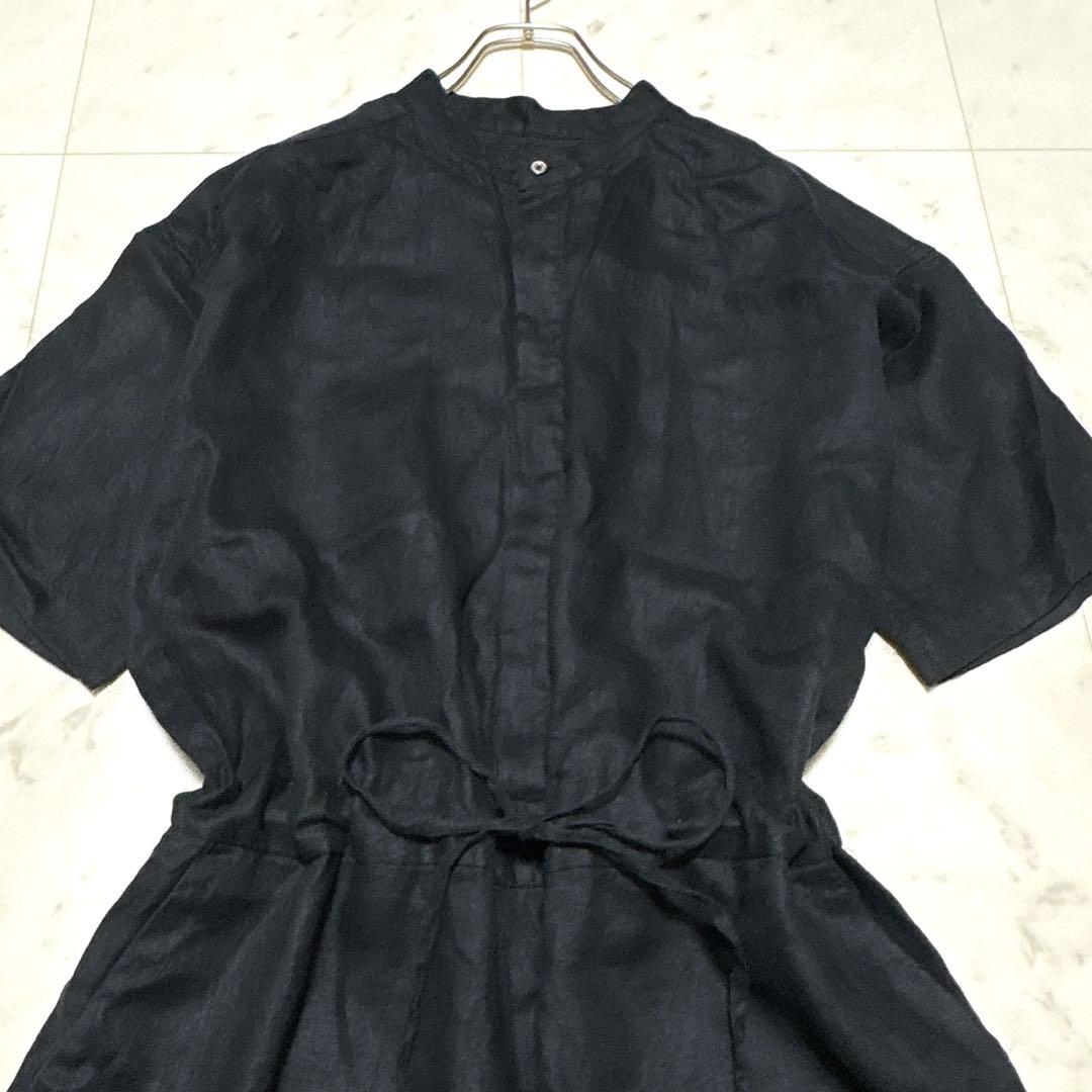 kagure リネンハーフスリーブオールインワン 比翼 ブラック 麻100%