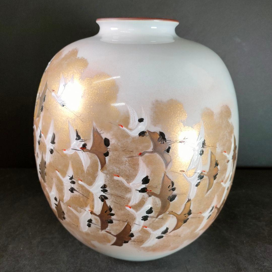 C6-4/九谷焼/光崖二代 高明作/金彩色絵鳥図花瓶/花瓶/花入/飾物