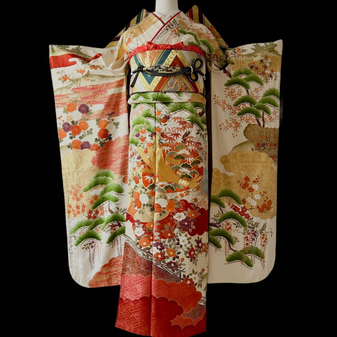 極上　振袖フルセット　手描き金彩友禅　西陣織袋帯　正絹長襦袢　トールサイズ
