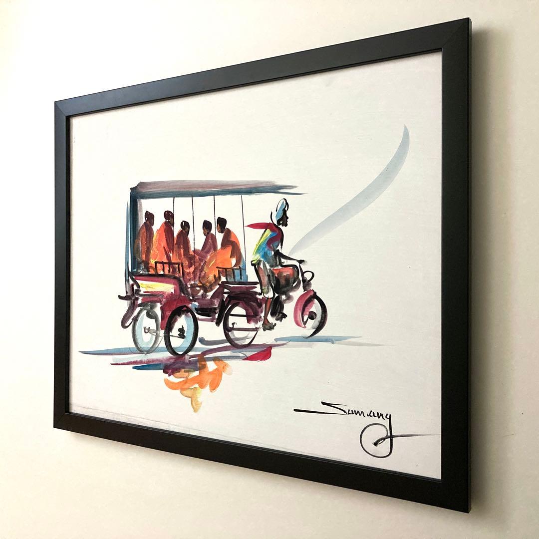 【カンボジアで購入】絵画 人力車 僧侶 アート フレーム付き