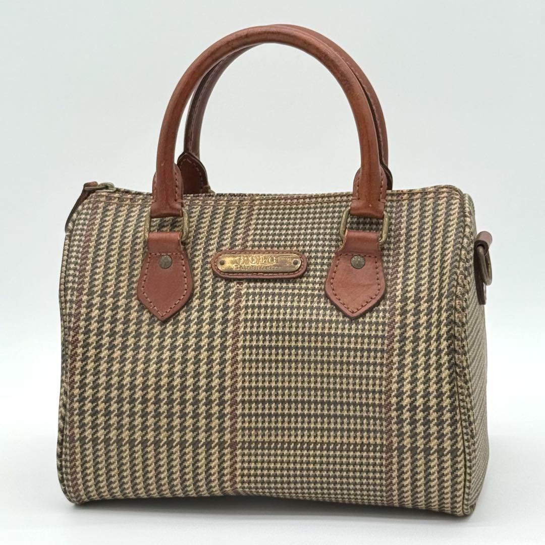 【美品】ポロラルフローレン 千鳥格子 ミニボストンバッグ ヴィンテージ 茶色