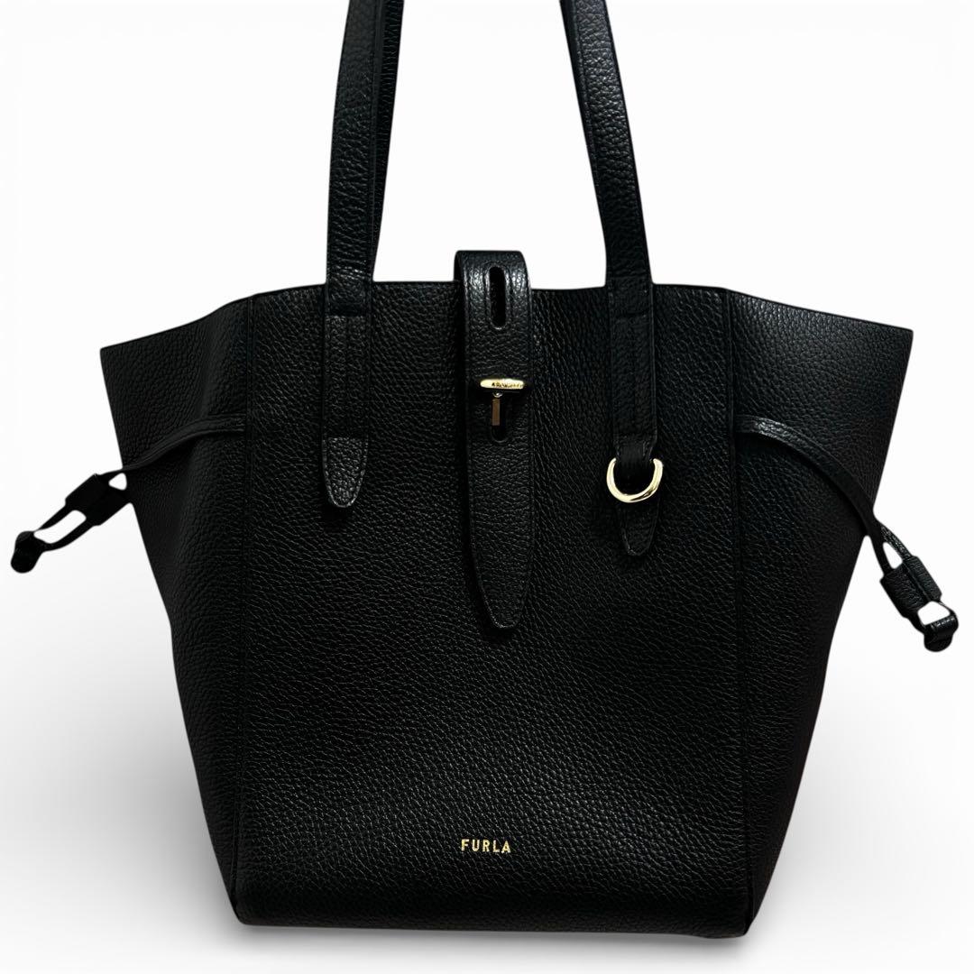 極美品 FURLA フルラ ネット トートバッグ ブラック 黒 近年モデル シボ