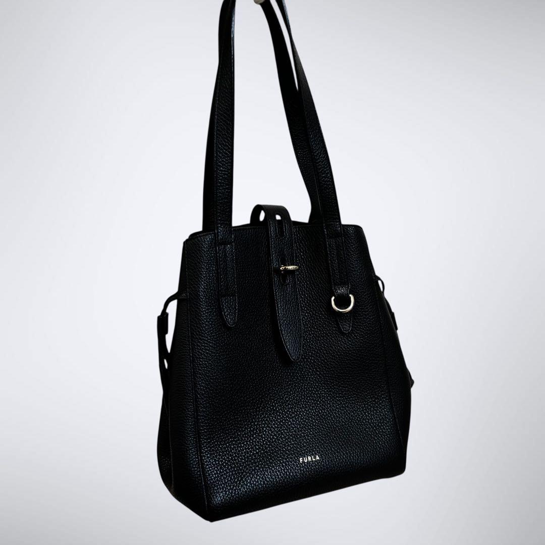 極美品 FURLA フルラ ネット トートバッグ ブラック 黒 近年モデル シボ
