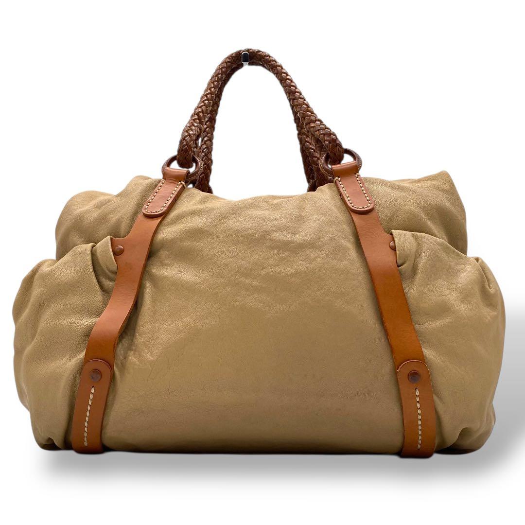 【良品】ゲンテン ボストンバッグ 2way キャンバス ヌメ革 ベージュ